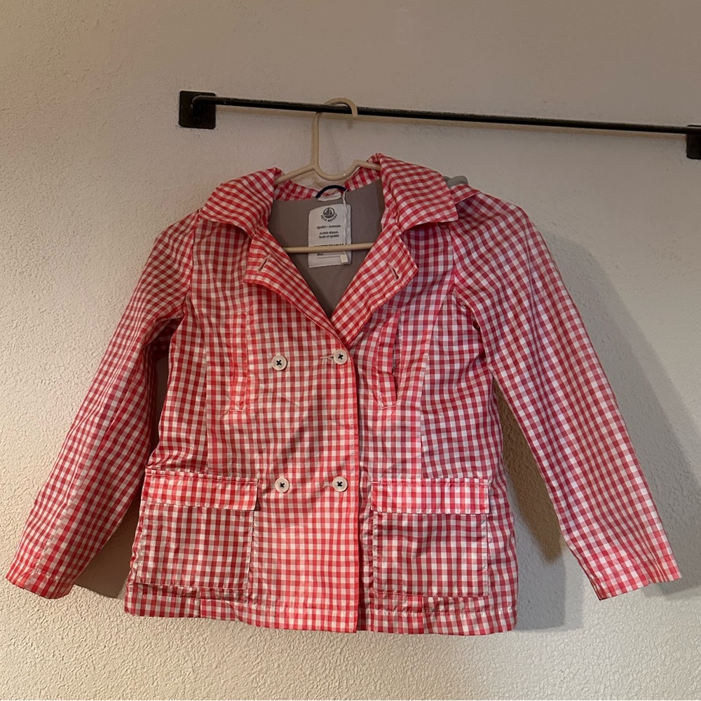 Petit Bateau Rain Jacket Girl Red/White Polyester Gingham Cotton Lining Size 6